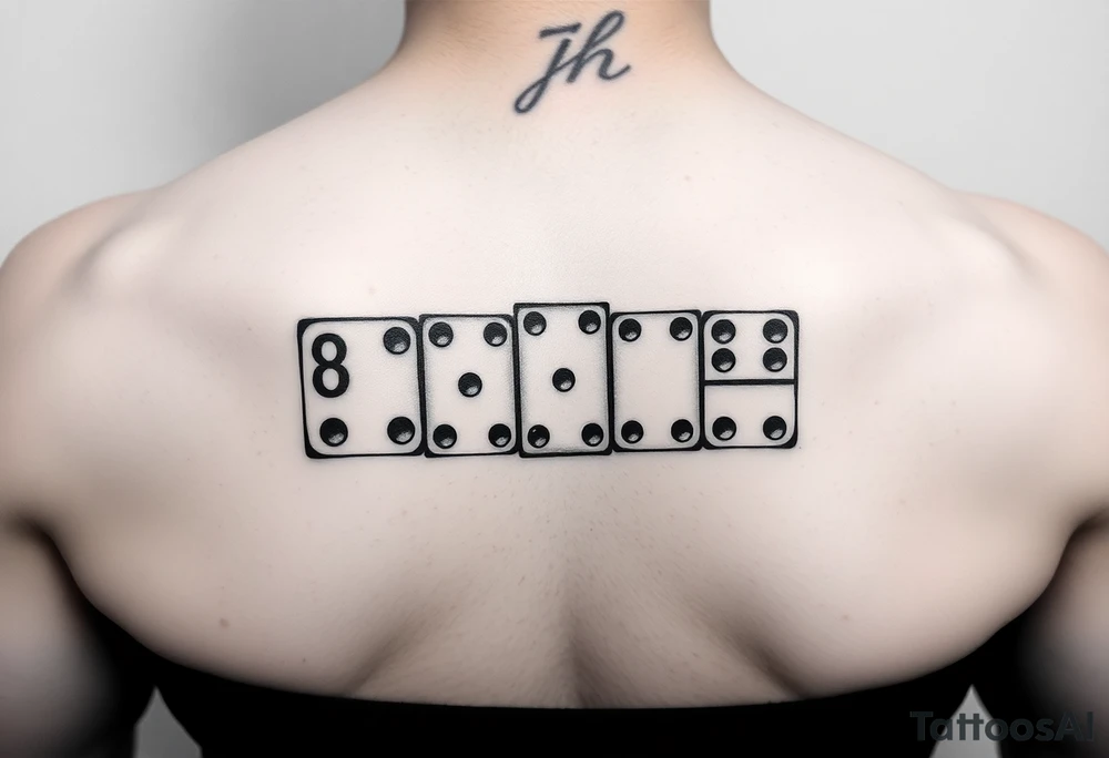 drei dominosteine mit den augen nummern 8 7 6 und beim letzten unten 6 und oben die Inizialen JH tattoo idea