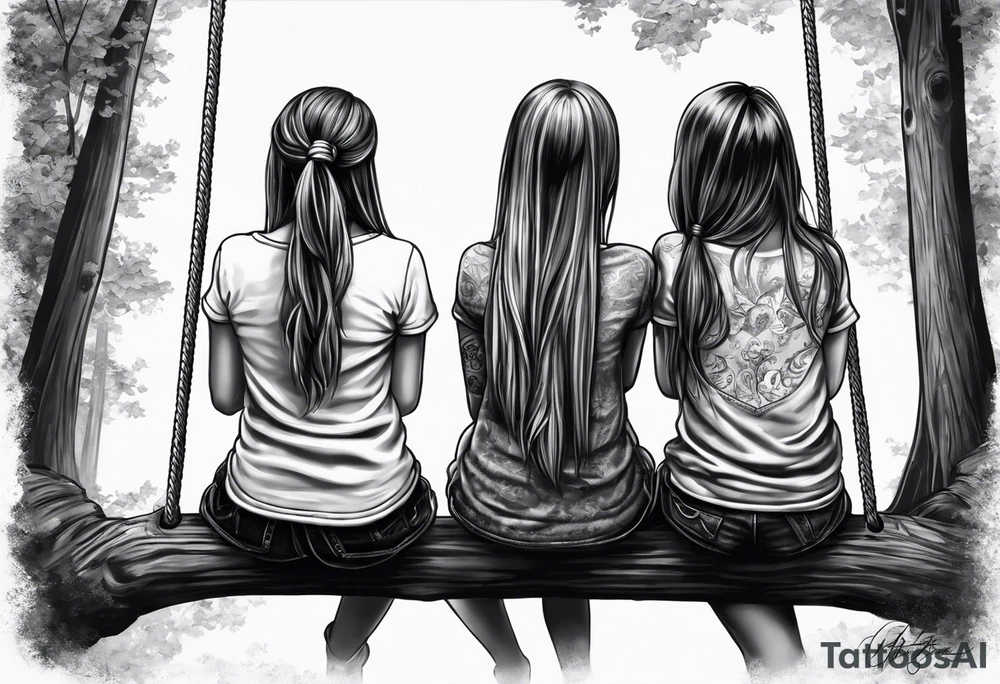 Three girls seen from behind sitting on a swing. One girl is older with long hair, another is middle-aged with shorter hair, and the youngest has two pigtails tattoo idea