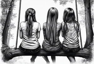 Three girls seen from behind sitting on a swing. One girl is older with long hair, another is middle-aged with shorter hair, and the youngest has two pigtails tattoo idea