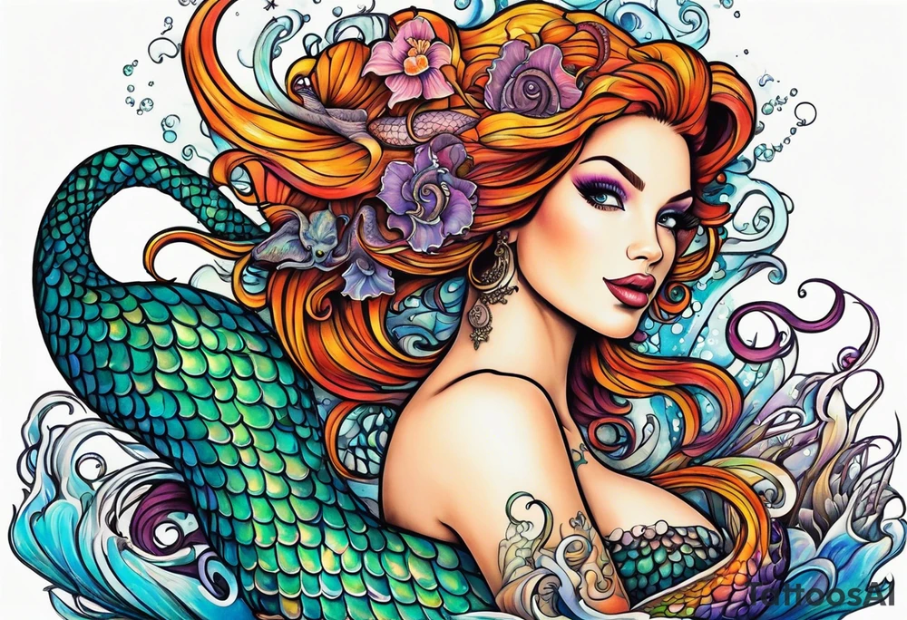Mermaid with octopus tentacles instead of fish tail pinup style full color tattoo idea