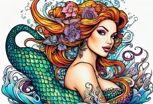 Mermaid with octopus tentacles instead of fish tail pinup style full color tattoo idea