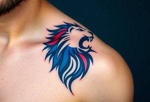 A Czech flag (blue. white and red) morphing into a roaring lion, symbolizing national pride and strength, with deep red, white, and royal blue tones. tattoo idea