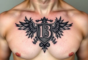 powerful majestic Irish family crest with the number 13, the toledo mud hens, demonic and midevel features incorporated into a intricate chest tattoo on a man tattoo idea