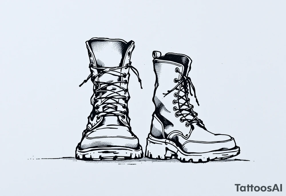 A pair of boots—one large, one tiny—side by side, outlined in black with a faint dusty blue shadow for depth. tattoo idea