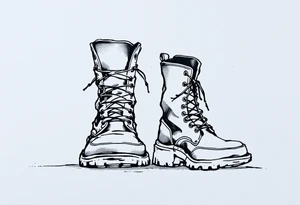 A pair of boots—one large, one tiny—side by side, outlined in black with a faint dusty blue shadow for depth. tattoo idea