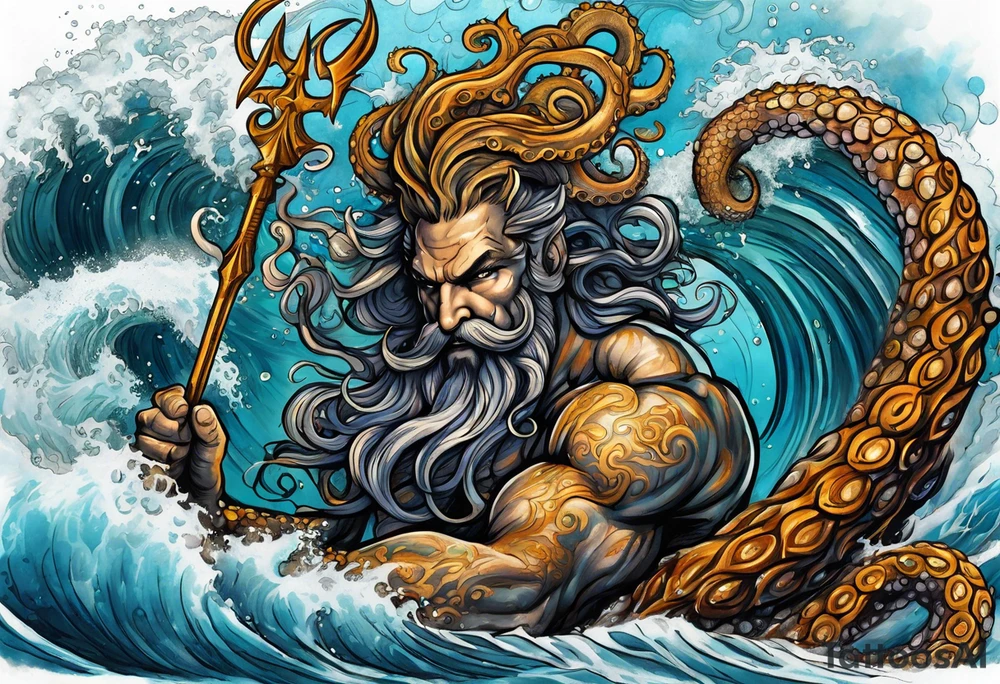 A vicious octopus monster underwater ensnaring the Greek god Poseidon as he thrust his trident storm with lightning & waves crashing tattoo idea