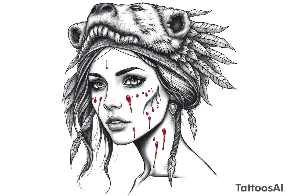 Beautiful Woman with battle scars and blood on face wearing dead bear headdress on head tattoo idea