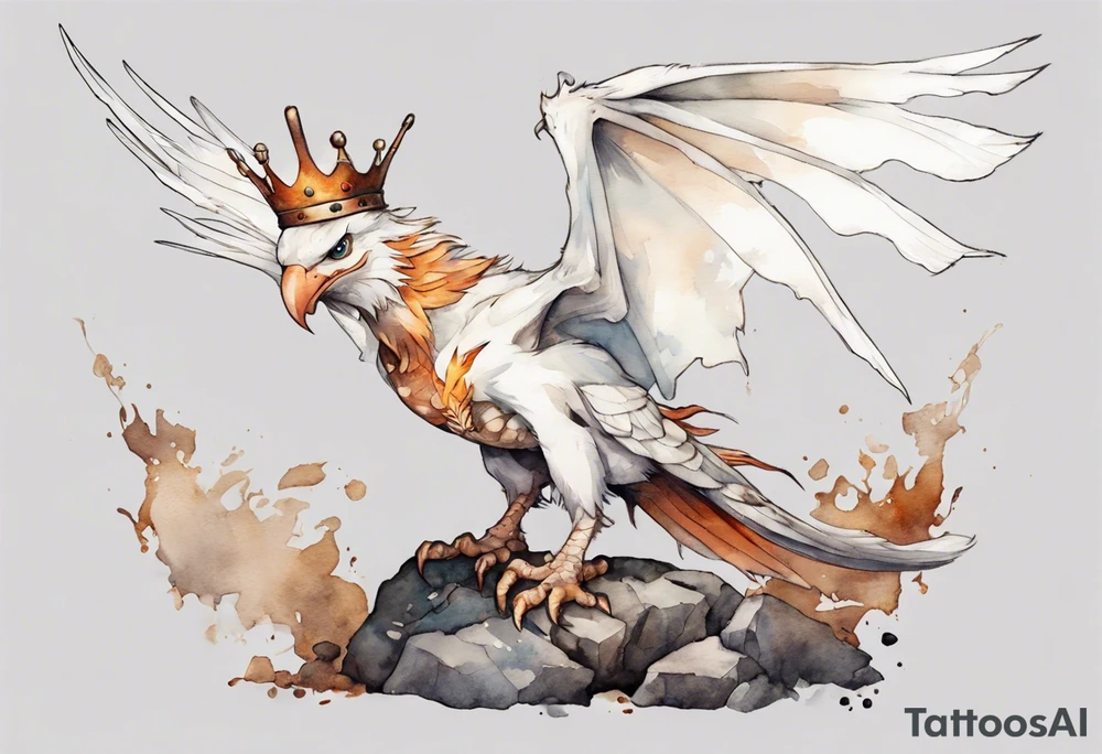 a white bird-wyvern hybrid, wearing a rusted crown, perched on a stone tattoo idea