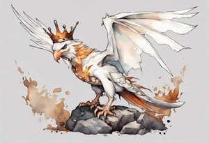 a white bird-wyvern hybrid, wearing a rusted crown, perched on a stone tattoo idea