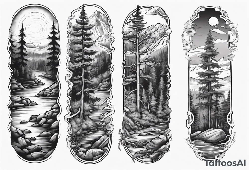 half arm sleeve with Pennsylvania keystone, eastern hemlock tree, mountains, and a river tattoo idea