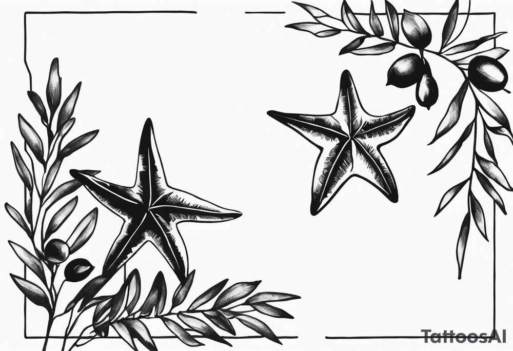 Two different star fish on top of olive branch tattoo idea Two different star fish on top of olive branch tattoo idea