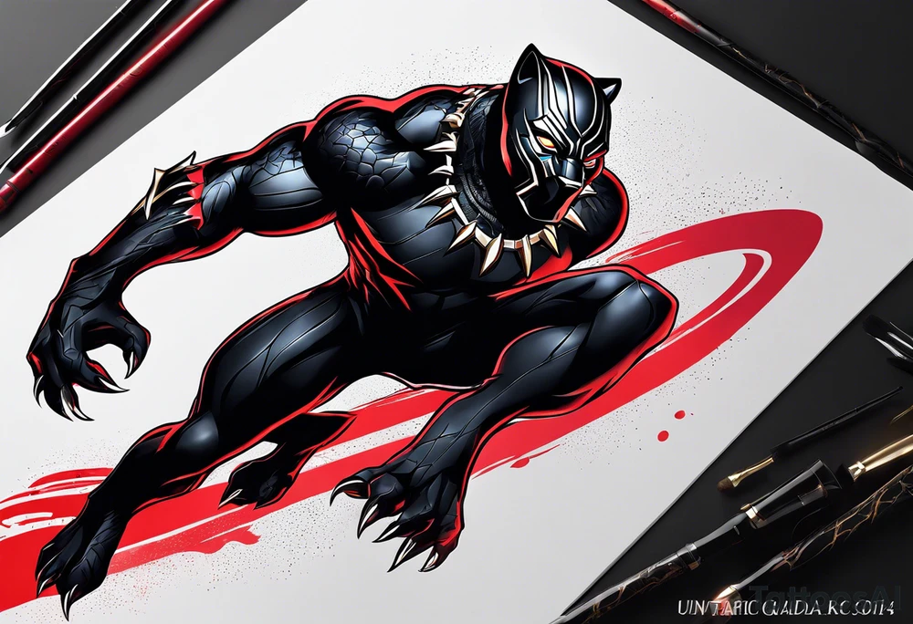 unique black panther tattoo, dynamic pose, showcasing its strength and grace, striking red eyes, intense and captivating elements, artistic flair, blending realism with abstract elements tattoo idea