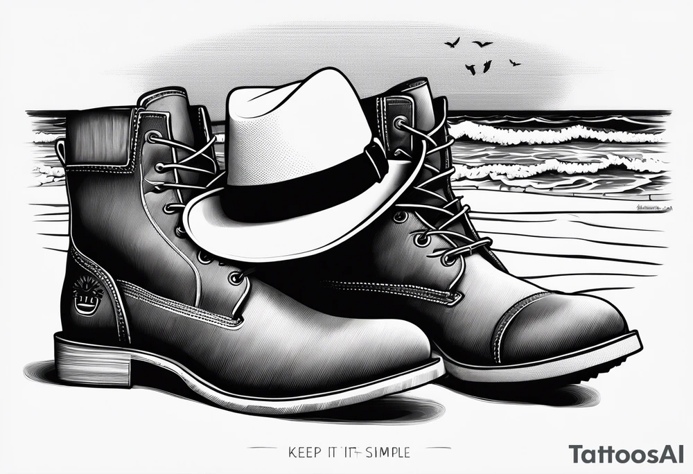 Keep it simple. A pair of timberland boots next to two flip flops and a cowboyhat on the Beach. tattoo idea