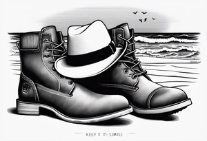 Keep it simple. A pair of timberland boots next to two flip flops and a cowboyhat on the Beach. tattoo idea