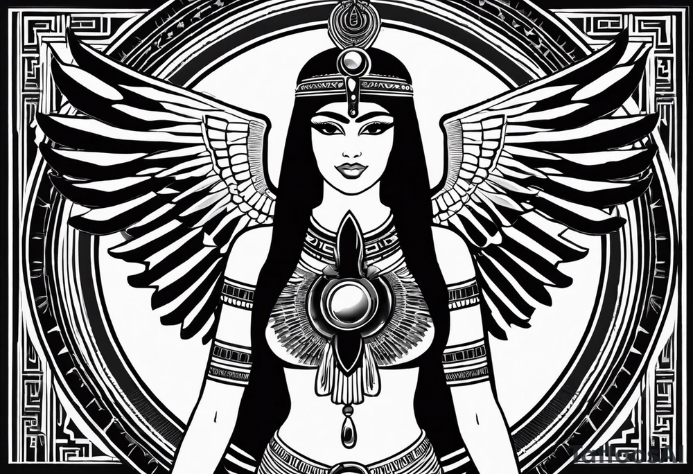 black and white Egyptian goddess Isis, who is often depicted as a woman with outstretched wings, holding an ankh (a symbol of life) in one hand and a lotus flower in the other. Her headdress often includes a throne or a solar disk. The tattoo design can vary in style and size, but it typically aims to capture the essence of this revered Egyptian deity, emphasizing her beauty, power, and maternal qualities. The choice of colors and additional elements can also be customized to create a unique and visually striking representation of the goddess Isis tattoo idea