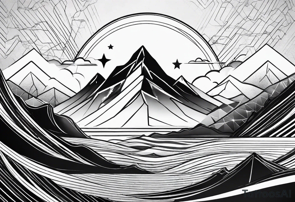 Mountain one Peak, sea waves, space with two littel Stars, geometrical Firma dashed lines overlapping tattoo idea