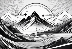 Mountain one Peak, sea waves, space with two littel Stars, geometrical Firma dashed lines overlapping tattoo idea