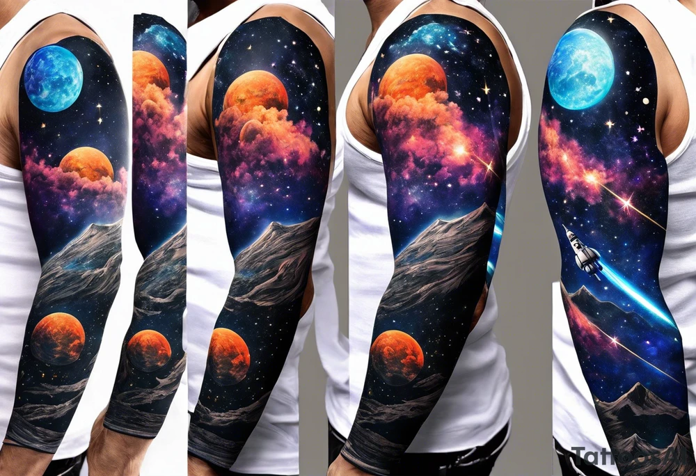 space themed arm sleeve. I want a feeling of being above it all. I like man on the move imagery inspired by kid cudi tattoo idea