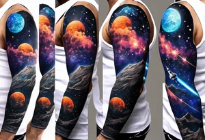 space themed arm sleeve. I want a feeling of being above it all. I like man on the move imagery inspired by kid cudi tattoo idea