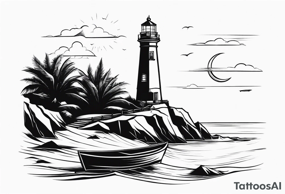 lighthouse  with a beach and sun and small boat tattoo idea