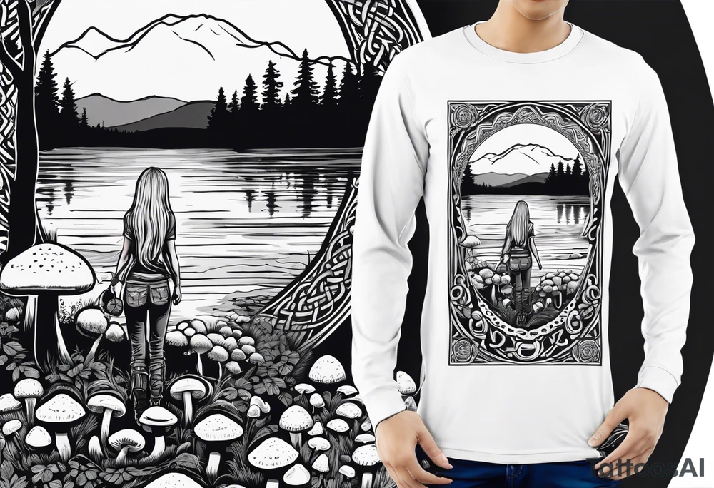 Whole picture encircled fully

Straight long blonde hair hippie girl in distance holding mushrooms in hand facing away toward mountains and creek surrounded by mushrooms long sleeve shirt and hiking pants; whole rendering within a full celtic circle border, no cut off circle tattoo idea