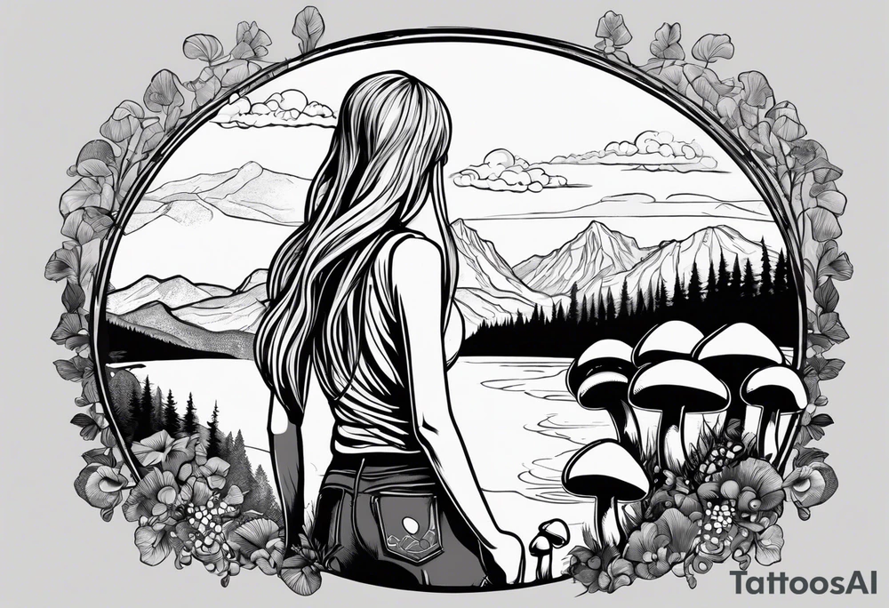 Straight long blonde hair hippie girl in distance holding mushrooms in hand facing away toward mountains and creek surrounded by mushrooms tee shirt hiking pants

Circular picture tattoo idea