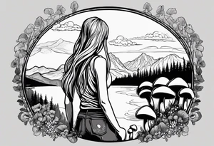 Straight long blonde hair hippie girl in distance holding mushrooms in hand facing away toward mountains and creek surrounded by mushrooms tee shirt hiking pants

Circular picture tattoo idea