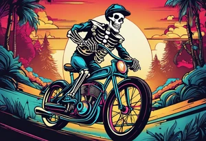 skeleton wearing 80s style licra and cap rides a racing bicycle. The skeleton is grinning at the viewer. There is no background image tattoo idea