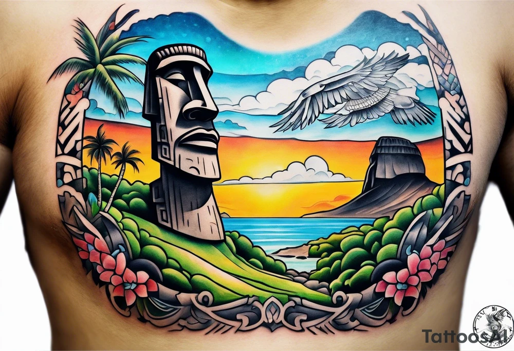 Upper arm piece of Easter island maoi on an island landscape and hawk circling above tattoo idea