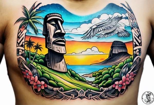 Upper arm piece of Easter island maoi on an island landscape and hawk circling above tattoo idea