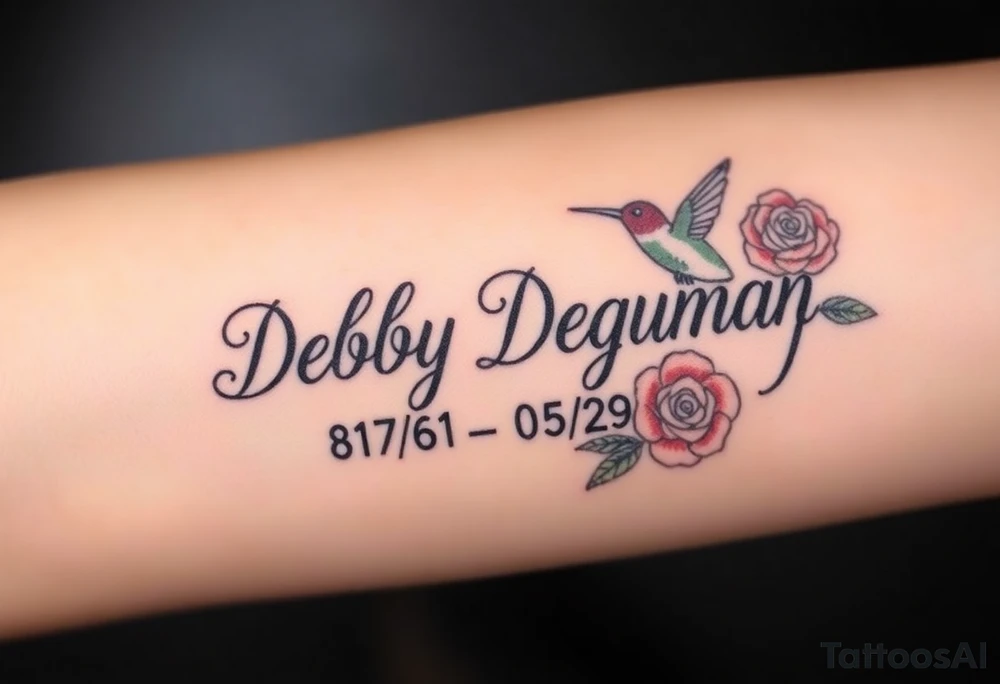 Tattoo of the exact name Debby Deguzman in chunky bold curly cursive with the exact dates of 08/17/61-05/29/25 surrounded by 1 hummingbird and 1 rose tattoo idea