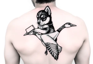 blue heeler puppy like muffin from Bluey holding a brick in one hand while sitting on a Canadian goose who is flying. tattoo idea