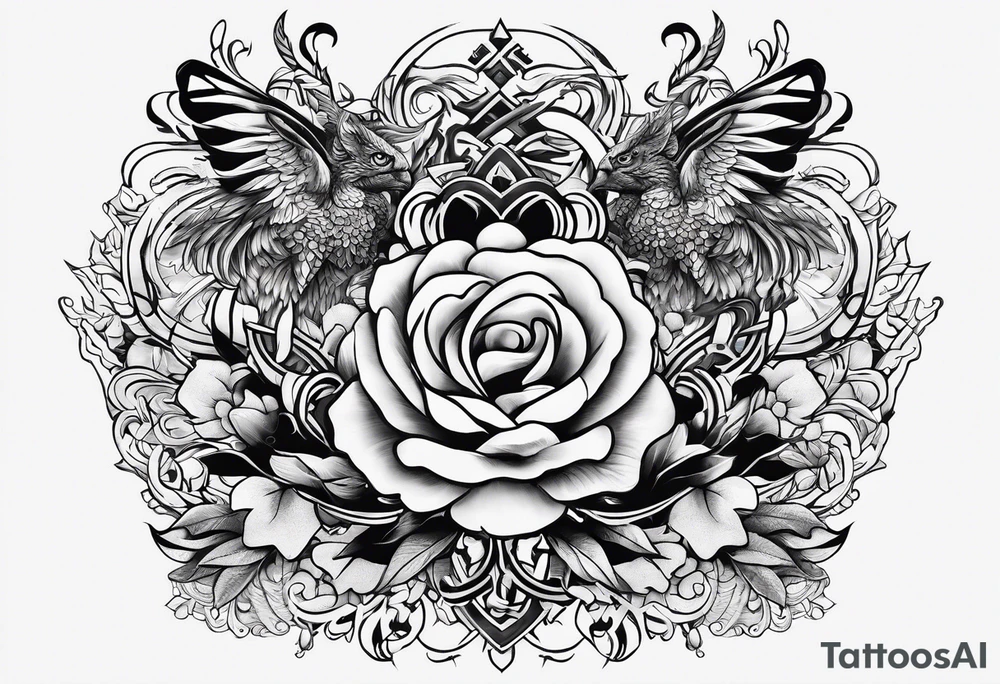 symbols of war, love and eternal life tattoo idea