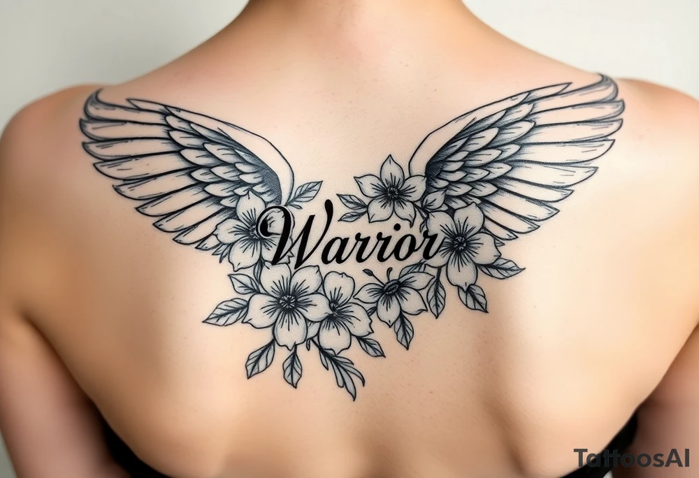 beautiful angel wing with majestic flowers with word "Warr;or" tattoo idea
