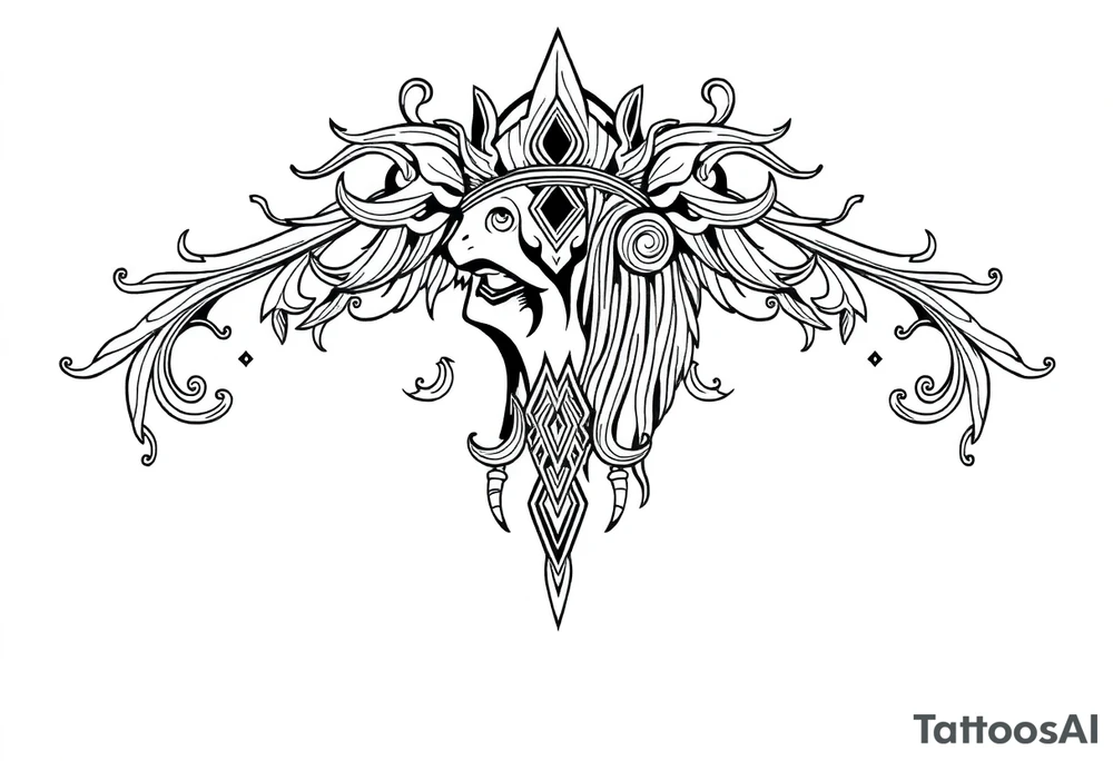 long shaman  style mytical bold line with ancient rhyme tattoo idea