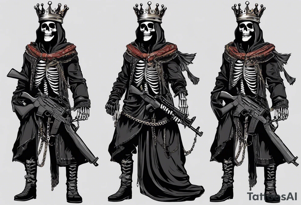 image of a skeleton standing frontally with a crown on his head, holding an AK-47 on his shoulder with his right hand. The chain on the left should be taut, there are three angry barking Dobermans in it, near the waist tattoo idea