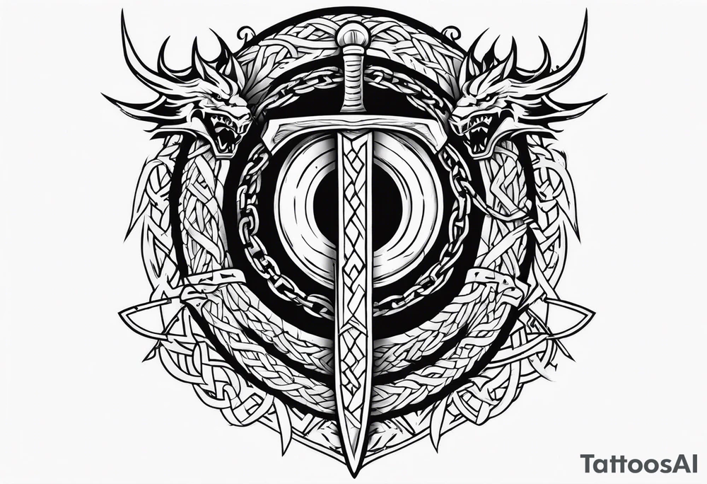 Valhalla sword shield dragon axe Valknut barbed wire chains tattoo idea Valhalla sword shield dragon axe Valknut barbed wire chains tattoo idea