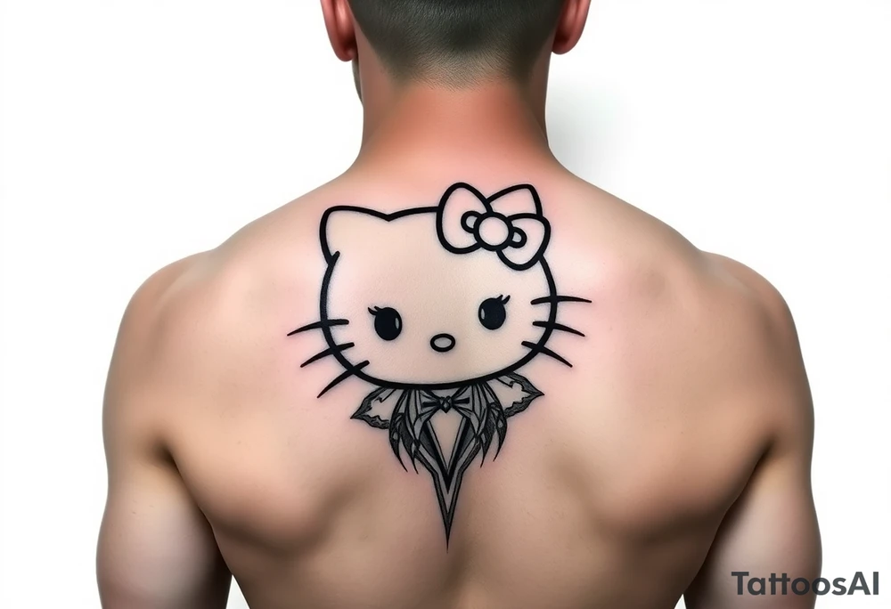 white background, cyber sigilism art / neo primal inspired hello kitty tattoo idea