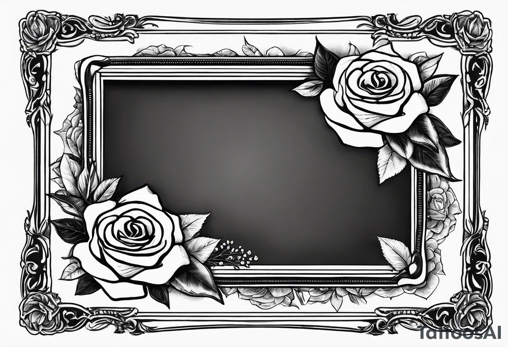 Vintage picture frame inthe picture frame there are roses and baby’s breath flowers tattoo idea