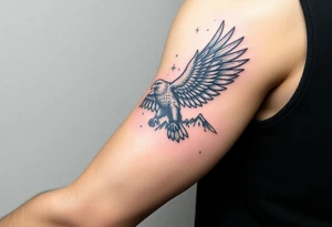 majestic eagle spreading wings against mountain peaks tattoo idea