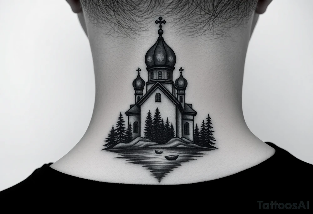 medium sized russian orthodox dome church with a separated virgin mary with a lake and pine trees on the sized of my neck tattoo idea