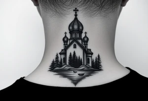 medium sized russian orthodox dome church with a separated virgin mary with a lake and pine trees on the sized of my neck tattoo idea