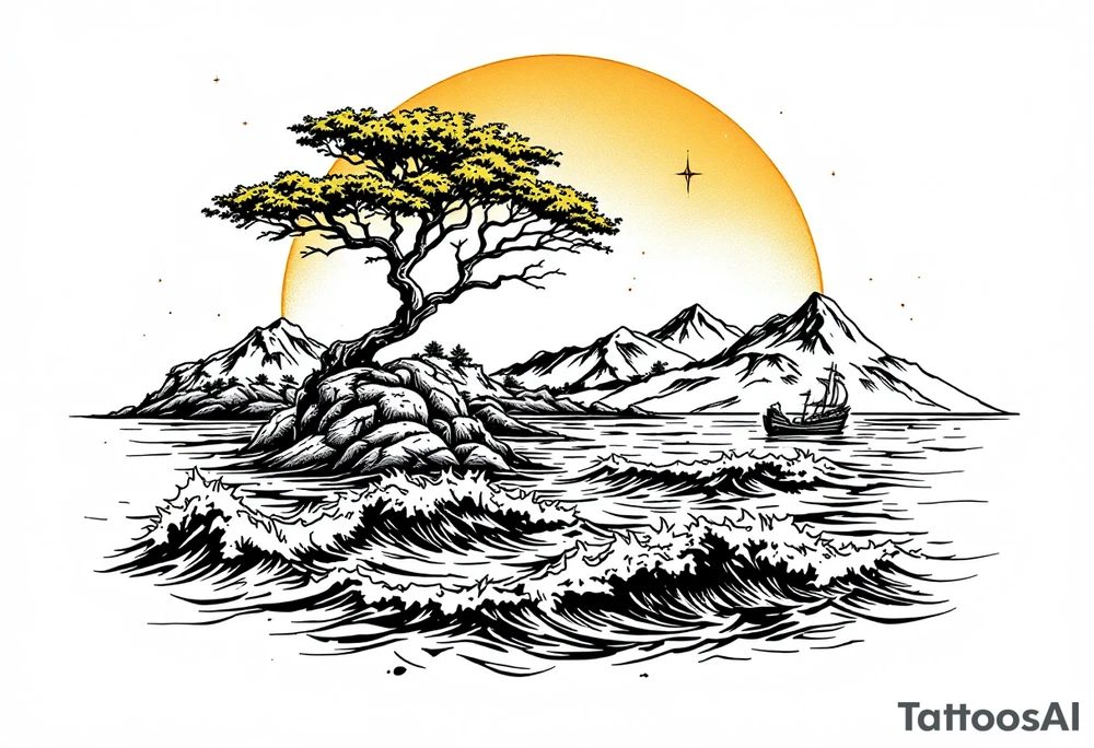 tattoo that has an acacia tree with mountains, ocean with a ship wreck with sharks and the northern star tattoo idea