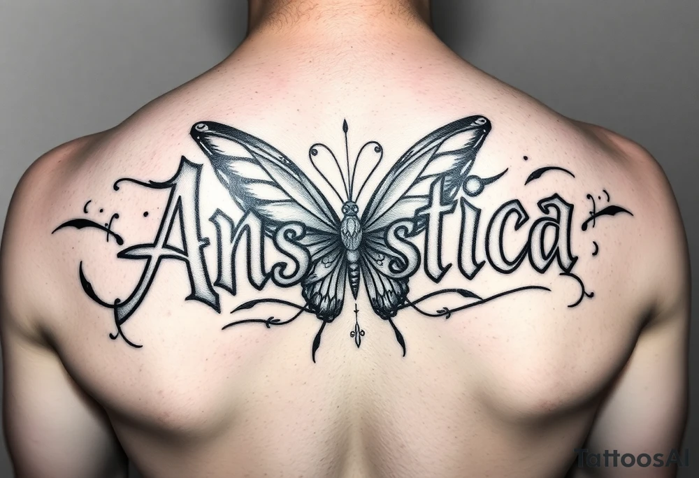 Anastacia in old English mixed with graffiti needs a butterfly or two long beach California vibes as a sleeve tattoo idea