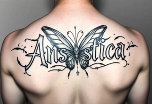 Anastacia in old English mixed with graffiti needs a butterfly or two long beach California vibes as a sleeve tattoo idea