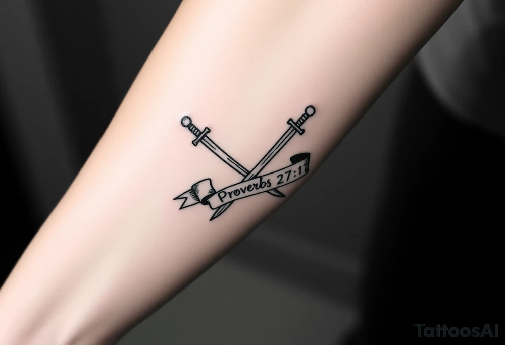 Two crossed swords in a forearm tattoo sketch style, with a flowing banner that reads “Proverbs 27:17” Black ink, simple and bold. tattoo idea