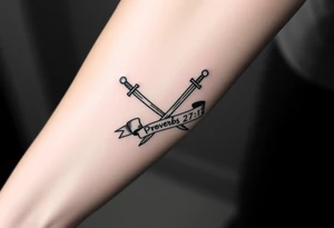 Two crossed swords in a forearm tattoo sketch style, with a flowing banner that reads “Proverbs 27:17” Black ink, simple and bold. tattoo idea