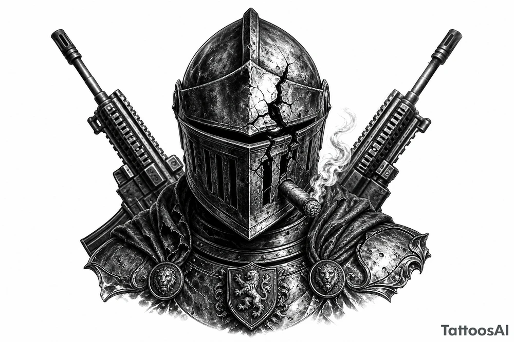 Knight's helmet visor cracked, cigar smoldering, rifles angled in background. tattoo idea