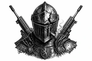 Knight's helmet visor cracked, cigar smoldering, rifles angled in background. tattoo idea