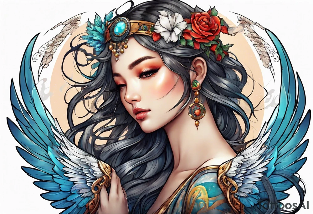 girl angel with wings and halo facing the right whispering tattoo idea